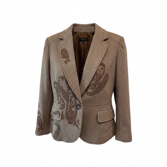 Talbots Wool Blend Paisley Embroidered Beaded Blazer Jacket Brown 14 EUC - Picture 9 of 9